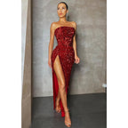 Vestido de fiesta de graduación brillante con lentejuelas y abertura lateral sin tirantes 
