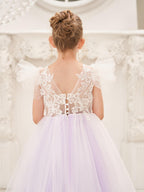 Vestido de niña de las flores con cola larga y tul con encaje desmontable 