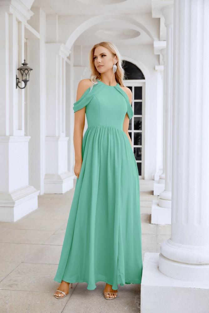Ladies Chiffon Off Shoulder Swing Sleeve Front Slit Bridesmaid Evening Dress Wedding Party Evening Dress 28117-numbersea