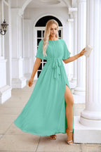 Ladies Chiffon Sleeve Crew Neck Front Slit Floor Length Bridesmaid Evening Dress Wedding Party Evening Dress 28124-numbersea