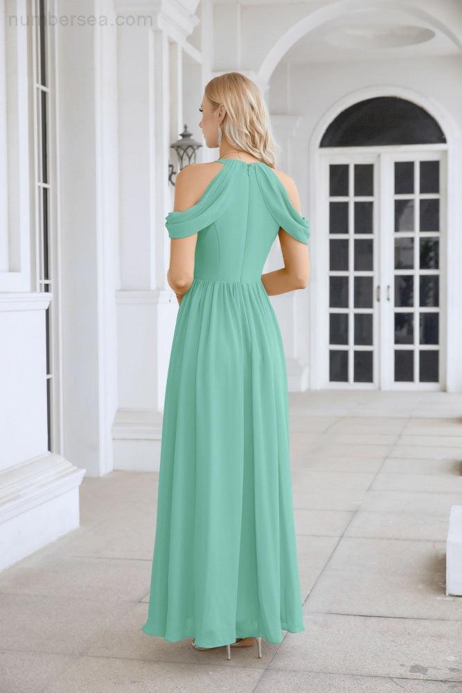 Ladies Chiffon Off Shoulder Swing Sleeve Front Slit Bridesmaid Evening Dress Wedding Party Evening Dress 28117-numbersea