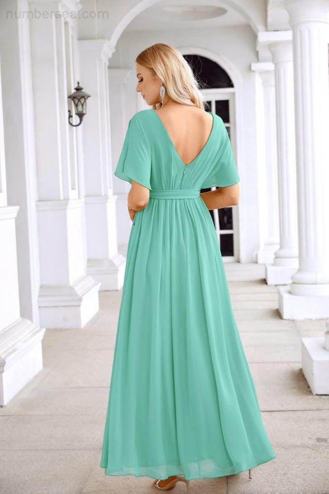 Ladies Chiffon Sleeve Crew Neck Front Slit Floor Length Bridesmaid Evening Dress Wedding Party Evening Dress 28124-numbersea