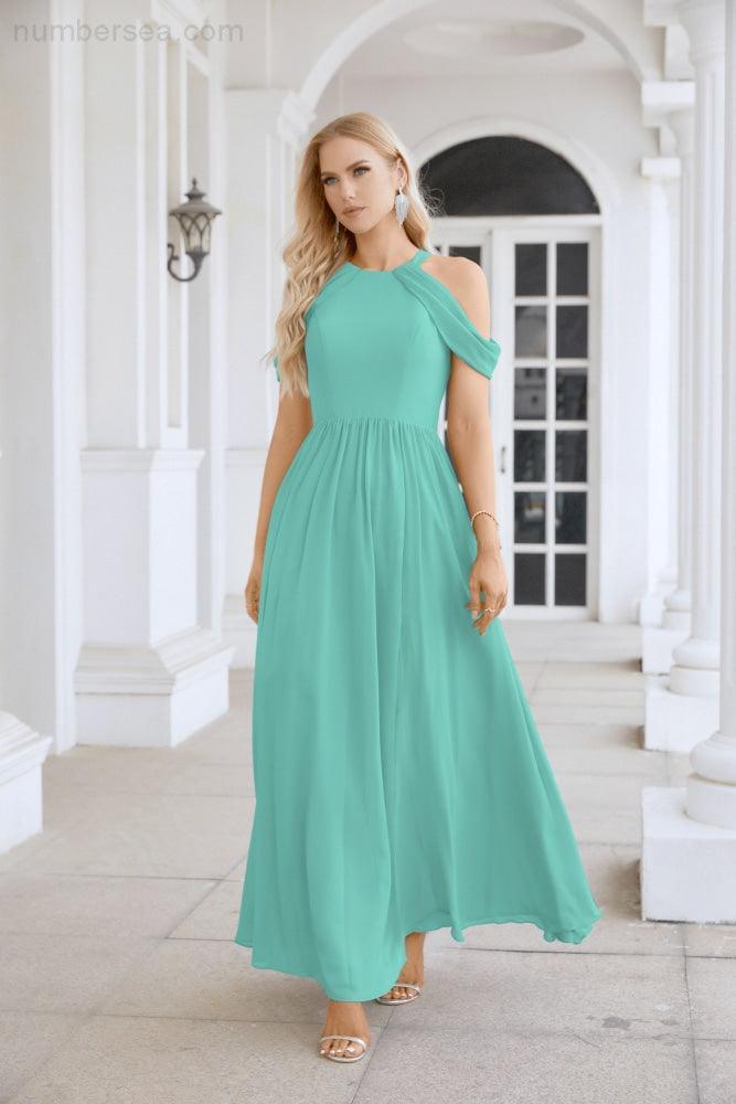 Ladies Chiffon Off Shoulder Swing Sleeve Front Slit Bridesmaid Evening Dress Wedding Party Evening Dress 28117-numbersea