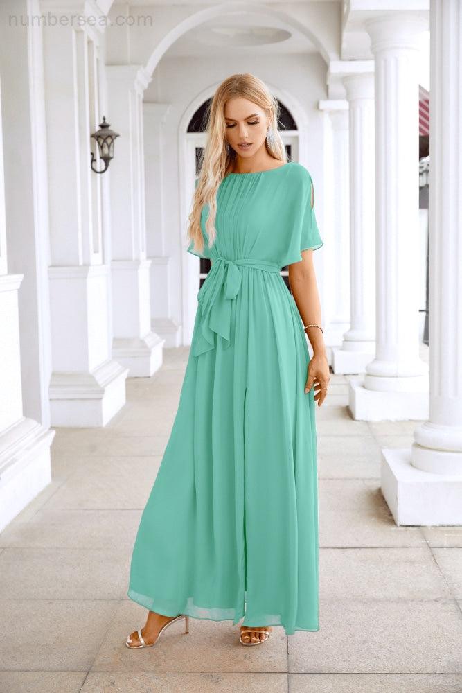 Ladies Chiffon Sleeve Crew Neck Front Slit Floor Length Bridesmaid Evening Dress Wedding Party Evening Dress 28124-numbersea