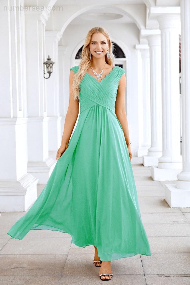 Ladies Chiffon V Neck Sleeveless Floor Length Bridesmaid Evening Dress Wedding Party Evening Dress 28126-numbersea
