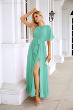 Ladies Chiffon Sleeve Crew Neck Front Slit Floor Length Bridesmaid Evening Dress Wedding Party Evening Dress 28124-numbersea