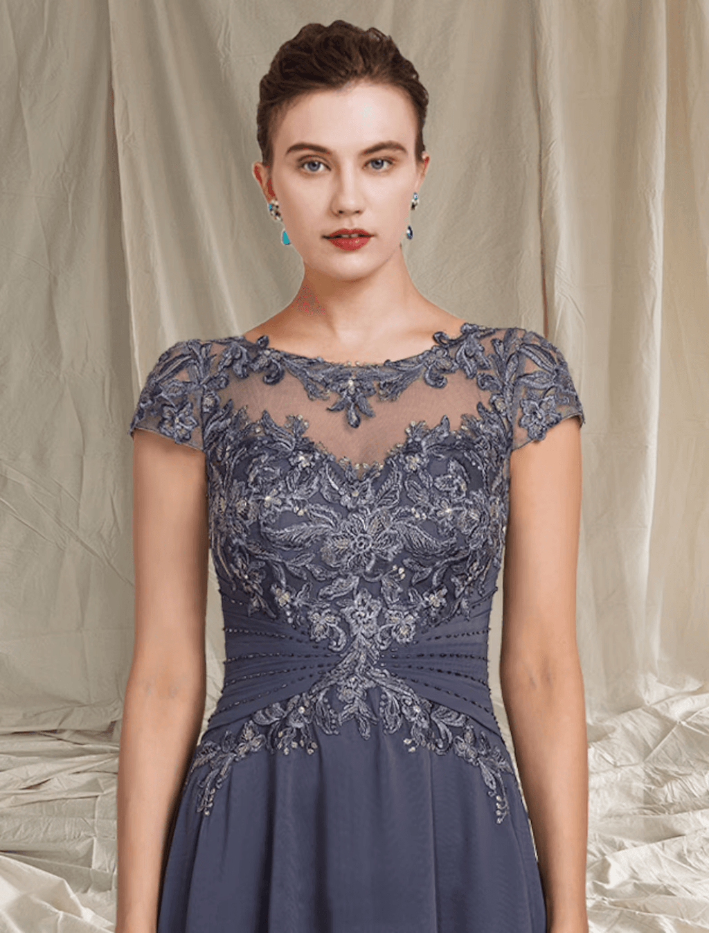 Zweiteiliges A-Linien-Kleid für die Mutter der Braut, formeller Hochzeitsgast, eleganter U-Ausschnitt, asymmetrische Wadenlänge, Chiffon-Spitze, kurze Ärmel, Wickelkleid mit Perlenapplikationen