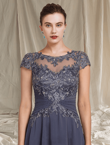 Two Piece A-Line Mother of the Bride Dress Formal Wedding Guest Elegant Scoop Neck Asymmetrical Tea Length Chiffon Lace Short Sleeve Wrap Included with Beading Appliques