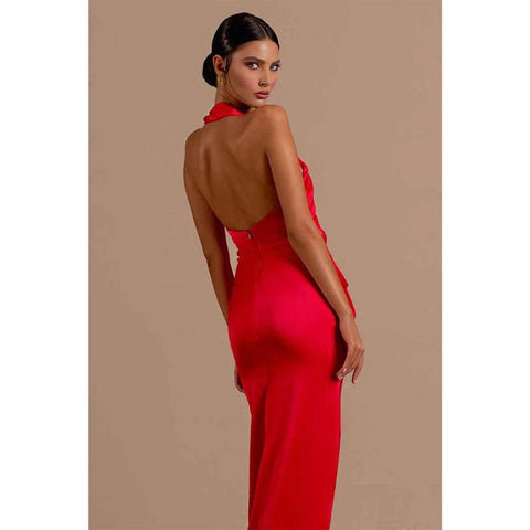 Sexy V Neck Pleats High Split Red Long Formal Party Dress