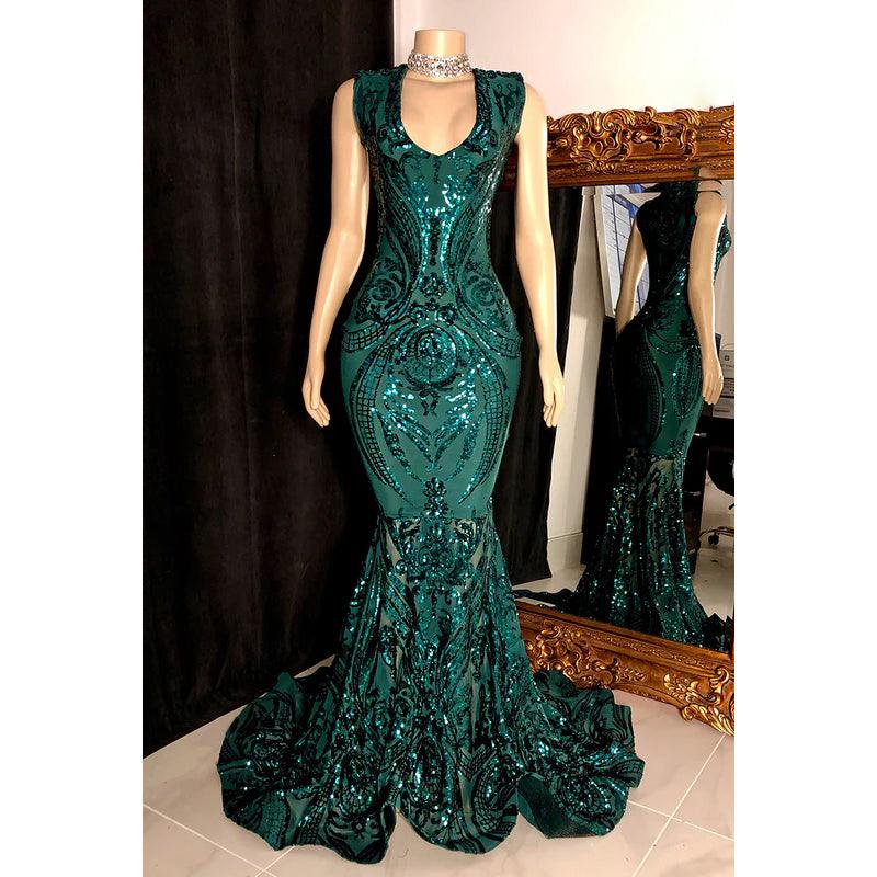 Glamouröses und dramatisches ärmelloses Abend- und Partykleid im Meerjungfrauen-Stil mit Pailletten