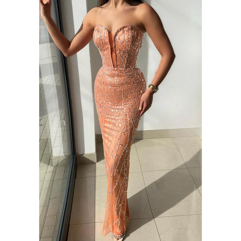 Vestido de fiesta de noche con escote en V y hombros descubiertos, sin mangas, con cuentas