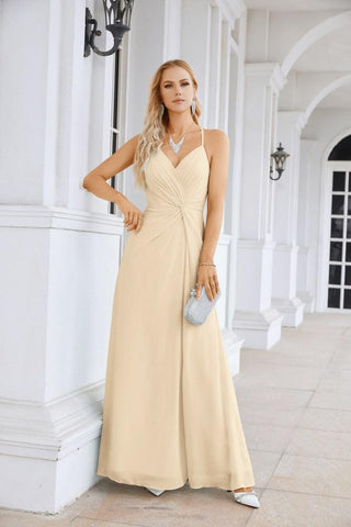 Ladies Chiffon Spaghetti Strap V Neck Front Slit Floor Length Bridesmaid Evening Dress Prom Party Wedding Evening Dress 28116-numbersea