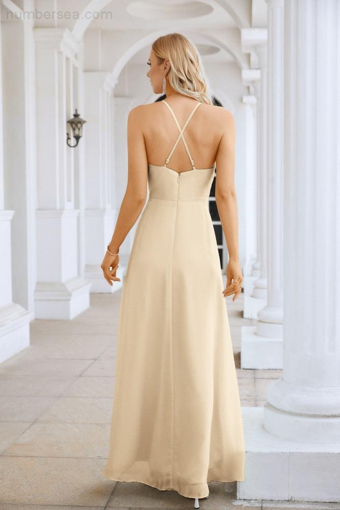 Ladies Chiffon Spaghetti Strap V Neck Front Slit Floor Length Bridesmaid Evening Dress Prom Party Wedding Evening Dress 28116-numbersea