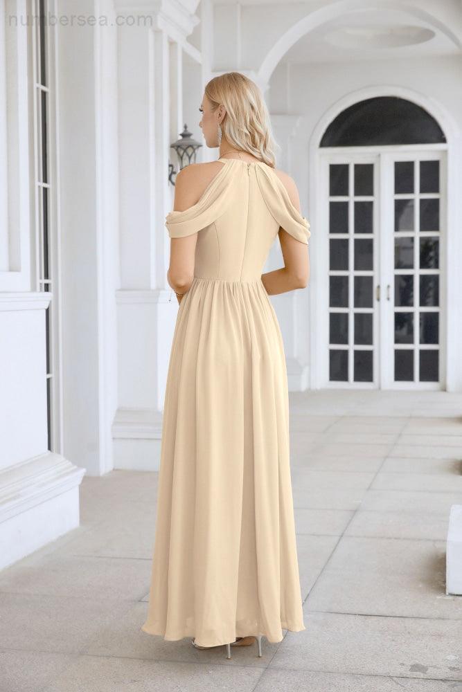 Ladies Chiffon Off Shoulder Swing Sleeve Front Slit Bridesmaid Evening Dress Wedding Party Evening Dress 28117-numbersea