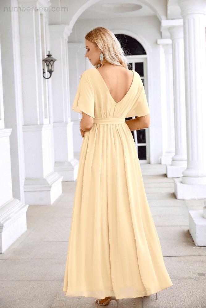 Ladies Chiffon Sleeve Crew Neck Front Slit Floor Length Bridesmaid Evening Dress Wedding Party Evening Dress 28124-numbersea