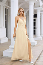 Ladies Chiffon Spaghetti Strap V Neck Front Slit Floor Length Bridesmaid Evening Dress Prom Party Wedding Evening Dress 28116-numbersea