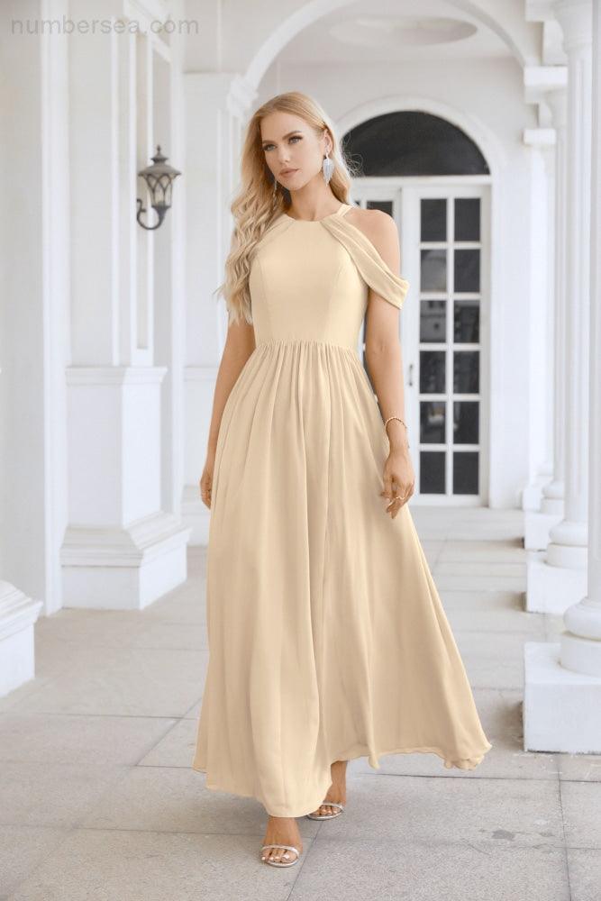 Ladies Chiffon Off Shoulder Swing Sleeve Front Slit Bridesmaid Evening Dress Wedding Party Evening Dress 28117-numbersea