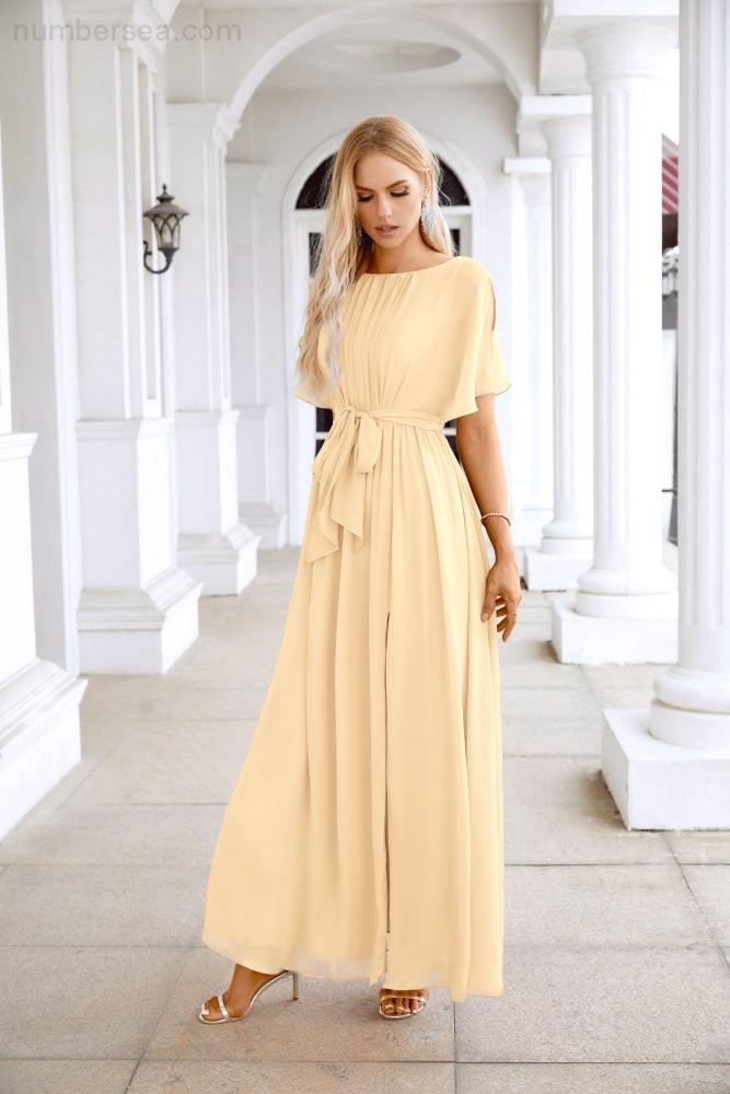 Ladies Chiffon Sleeve Crew Neck Front Slit Floor Length Bridesmaid Evening Dress Wedding Party Evening Dress 28124-numbersea
