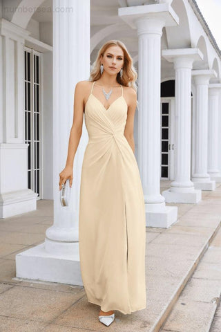Ladies Chiffon Spaghetti Strap V Neck Front Slit Floor Length Bridesmaid Evening Dress Prom Party Wedding Evening Dress 28116-numbersea