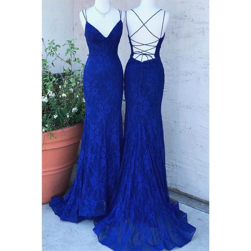 Vestido de fiesta de sirena con escote en V y tirantes finos de encaje azul real