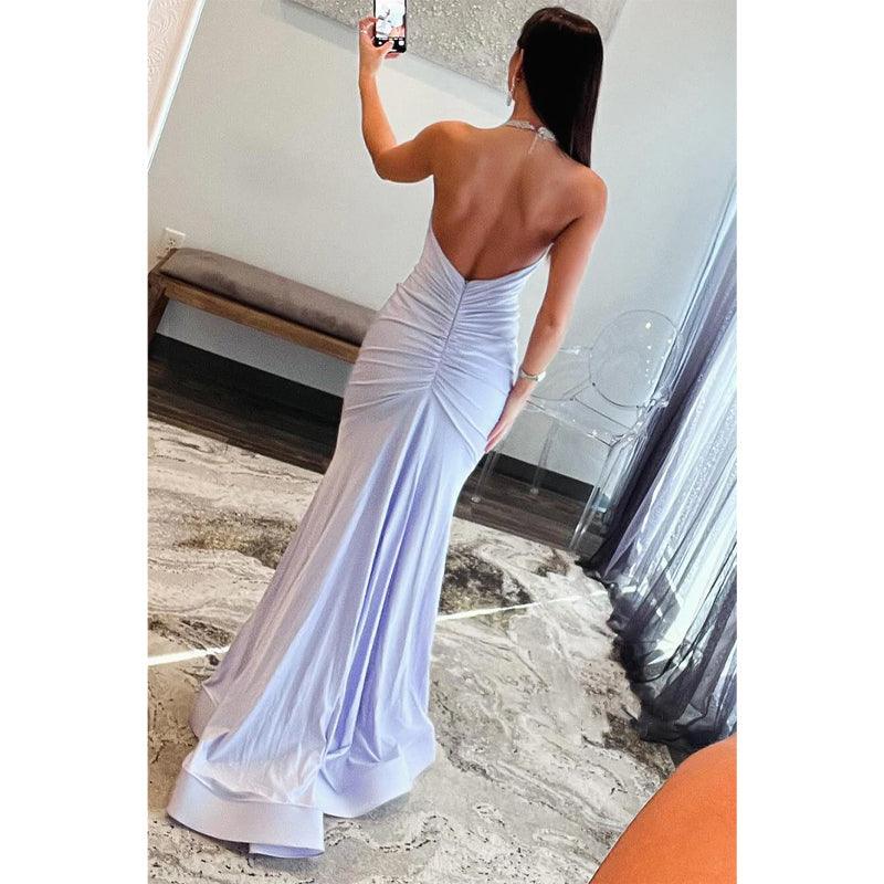 Vestido de noche para fiesta, graduación, con escote en V, cuello halter, pliegues de trompeta y cuentas 