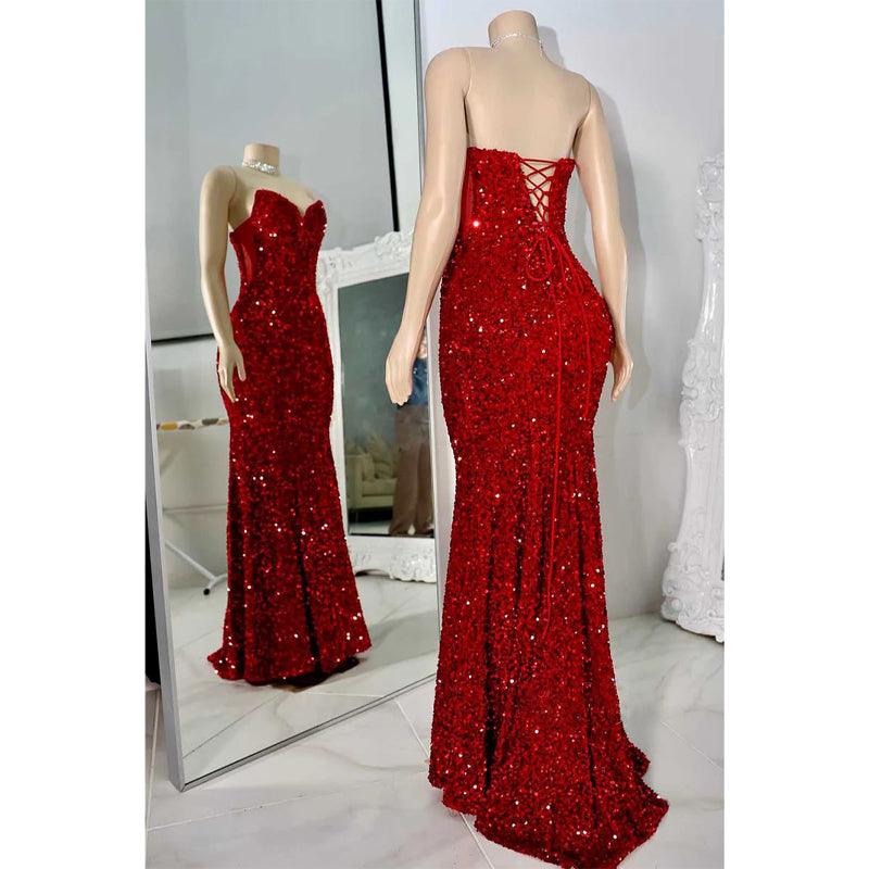 Vestido de fiesta de graduación sexy con lentejuelas, sin tirantes y corte trompeta para mujeres negras 