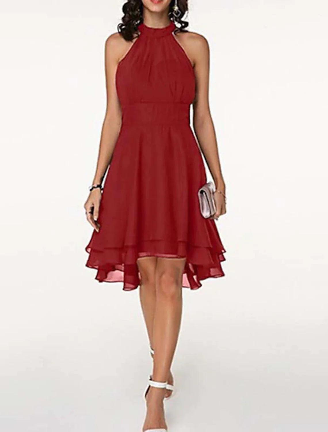 Vestido de fiesta elegante con capas, de gasa, sin mangas, hasta la rodilla, con escote en V y espalda en V para invitados de boda