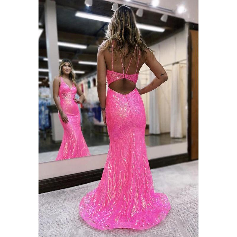 Vestido de fiesta de noche con lentejuelas, escote en V y tirantes adornados, corte trompeta/sirena