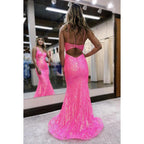 Vestido de fiesta de noche con lentejuelas, escote en V y tirantes adornados, corte trompeta/sirena