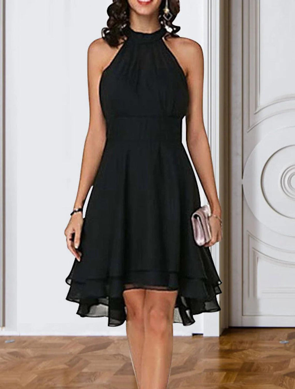 Vestido de fiesta elegante con capas, de gasa, sin mangas, hasta la rodilla, con escote en V y espalda en V para invitados de boda