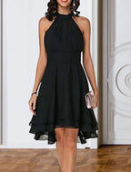Vestido de fiesta elegante con capas, de gasa, sin mangas, hasta la rodilla, con escote en V y espalda en V para invitados de boda