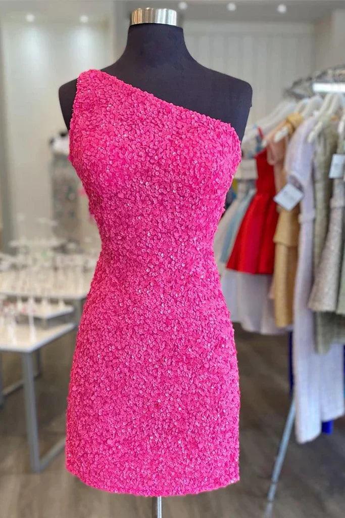 Vestido de fiesta rosa intenso con un solo hombro y lentejuelas