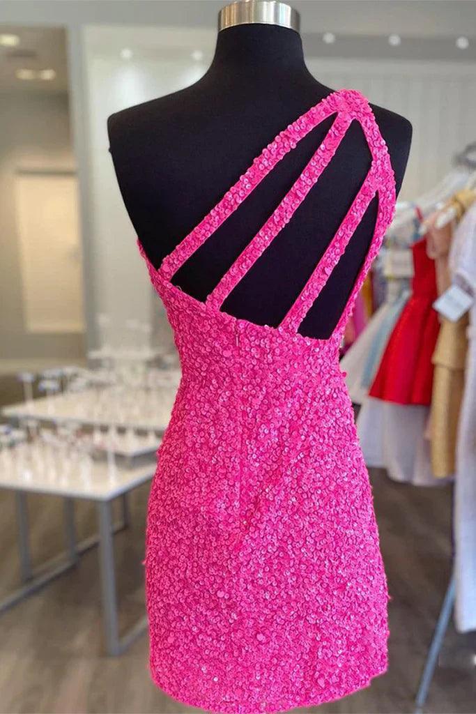 Vestido de fiesta rosa intenso con un solo hombro y lentejuelas