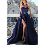 Vestido de noche largo de fiesta con escote en forma de A, sin tirantes y abertura en el muslo