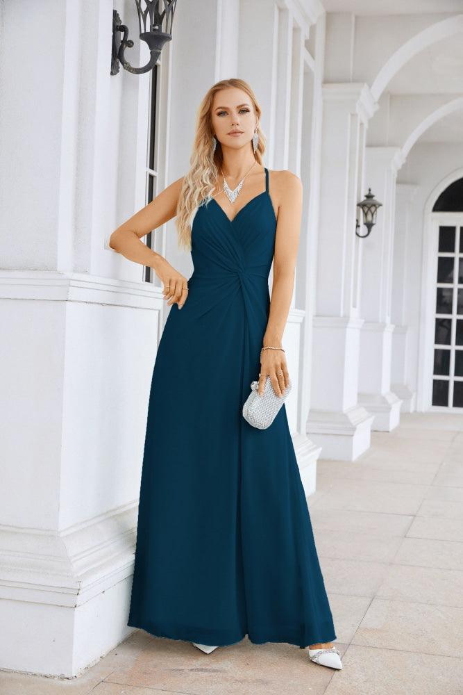 Ladies Chiffon Spaghetti Strap V Neck Front Slit Floor Length Bridesmaid Evening Dress Prom Party Wedding Evening Dress 28116-numbersea