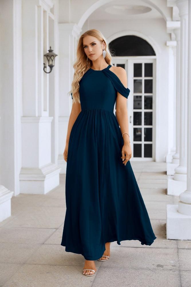 Ladies Chiffon Off Shoulder Swing Sleeve Front Slit Bridesmaid Evening Dress Wedding Party Evening Dress 28117-numbersea