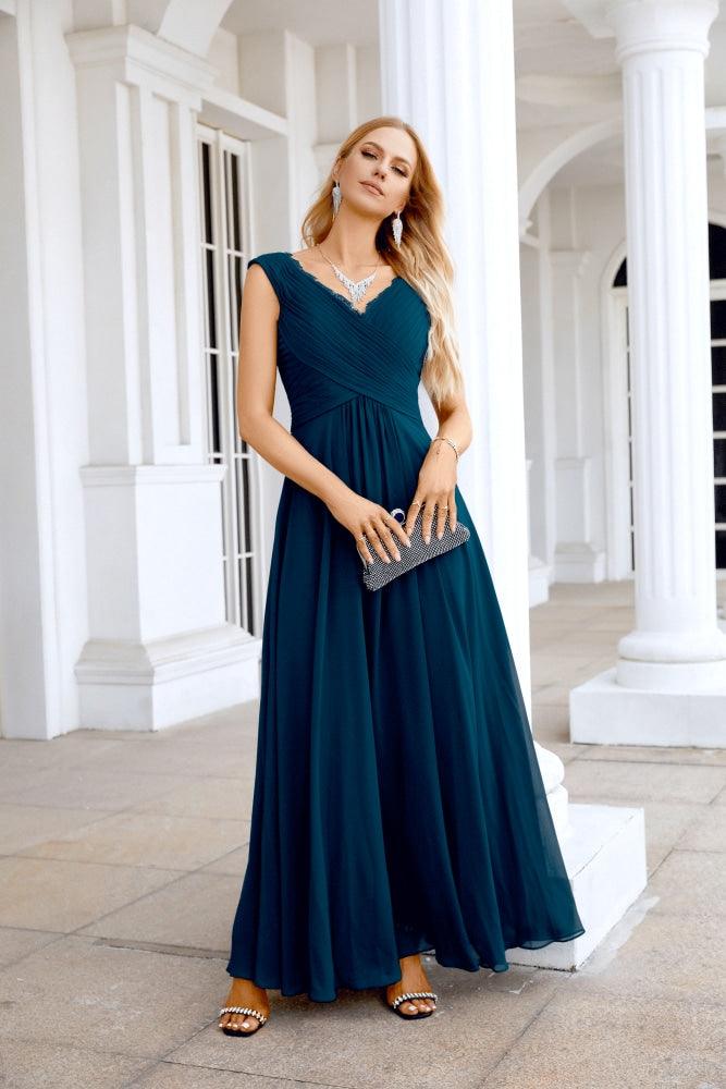 Ladies Chiffon V Neck Sleeveless Floor Length Bridesmaid Evening Dress Wedding Party Evening Dress 28126-numbersea