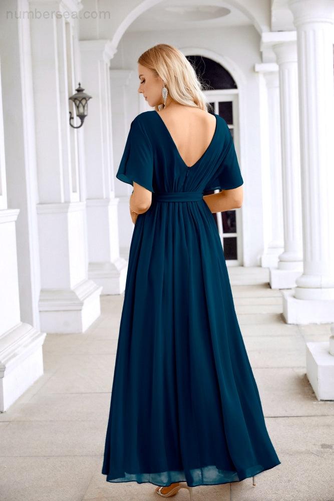 Ladies Chiffon Sleeve Crew Neck Front Slit Floor Length Bridesmaid Evening Dress Wedding Party Evening Dress 28124-numbersea
