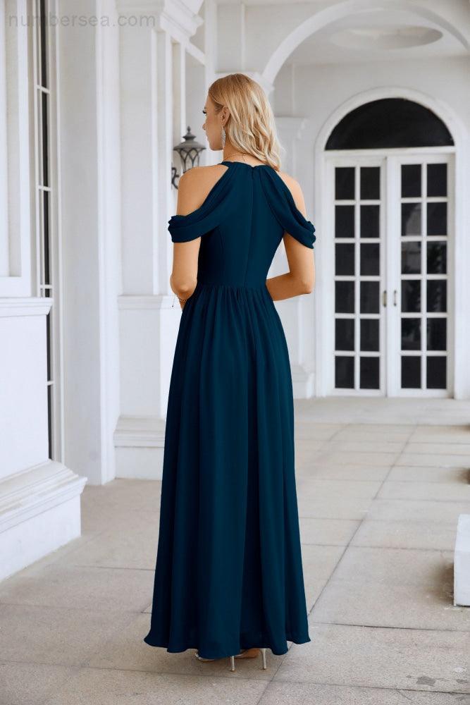 Ladies Chiffon Off Shoulder Swing Sleeve Front Slit Bridesmaid Evening Dress Wedding Party Evening Dress 28117-numbersea
