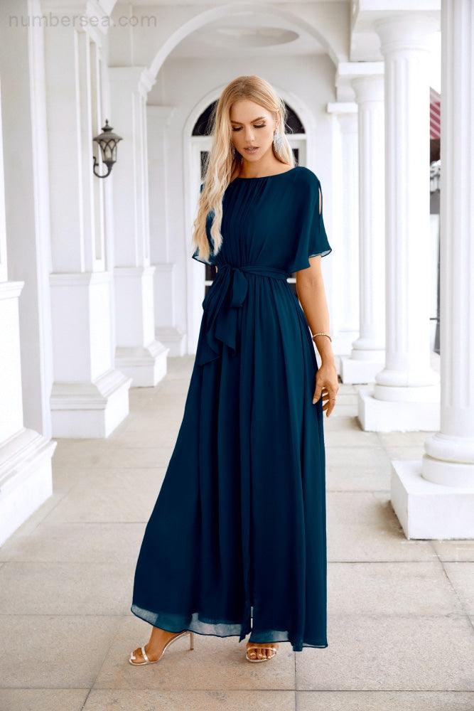 Ladies Chiffon Sleeve Crew Neck Front Slit Floor Length Bridesmaid Evening Dress Wedding Party Evening Dress 28124-numbersea