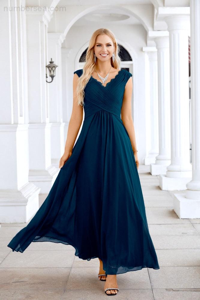 Ladies Chiffon V Neck Sleeveless Floor Length Bridesmaid Evening Dress Wedding Party Evening Dress 28126-numbersea