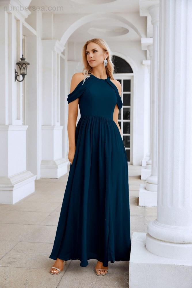 Ladies Chiffon Off Shoulder Swing Sleeve Front Slit Bridesmaid Evening Dress Wedding Party Evening Dress 28117-numbersea