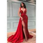 Vestido de fiesta largo con escote en V profundo, lentejuelas, abertura en el muslo y cola larga