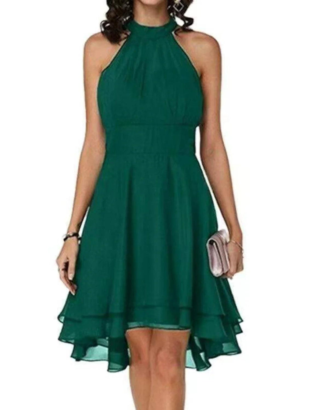 Vestido de fiesta elegante con capas, de gasa, sin mangas, hasta la rodilla, con escote en V y espalda en V para invitados de boda
