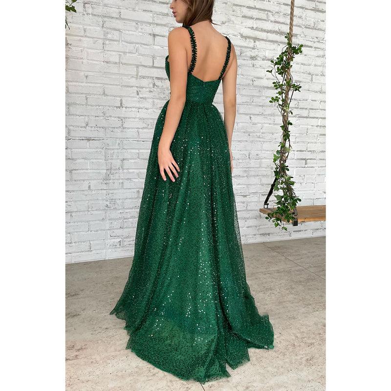 Vestido de fiesta largo verde brillante con lentejuelas y tirantes finos para mujer con bolsillos 