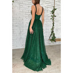 Vestido de fiesta largo verde brillante con lentejuelas y tirantes finos para mujer con bolsillos 