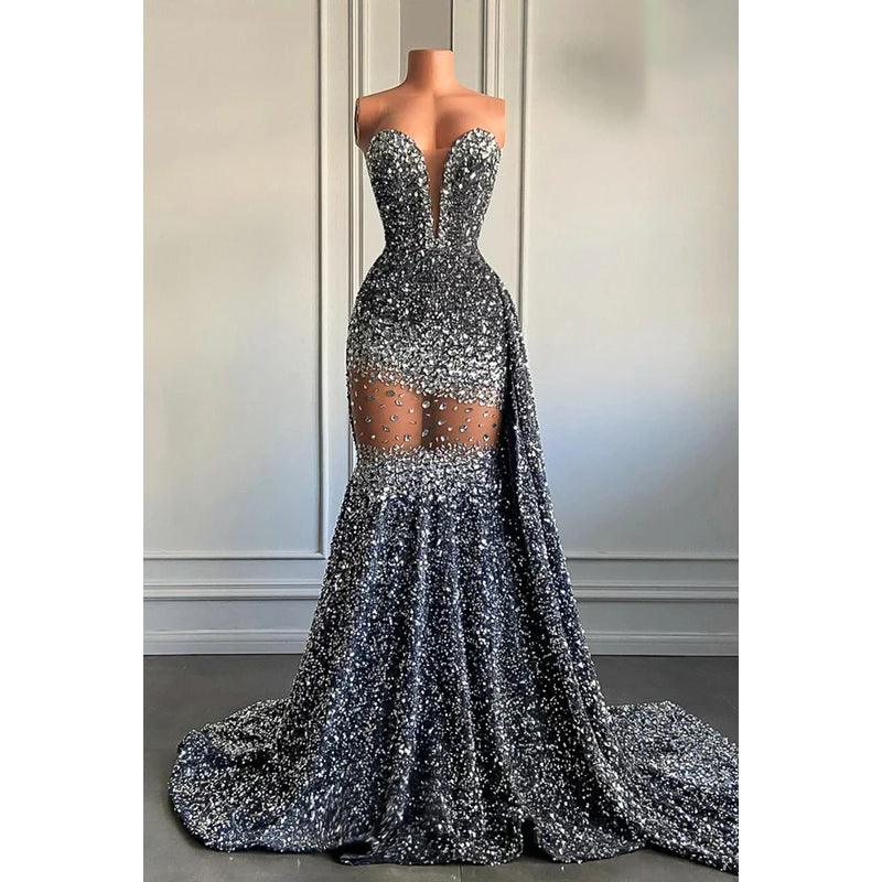 Vestido de fiesta de noche estilo sirena, sexy y atractivo, con lentejuelas, escote en V, sin mangas y volantes