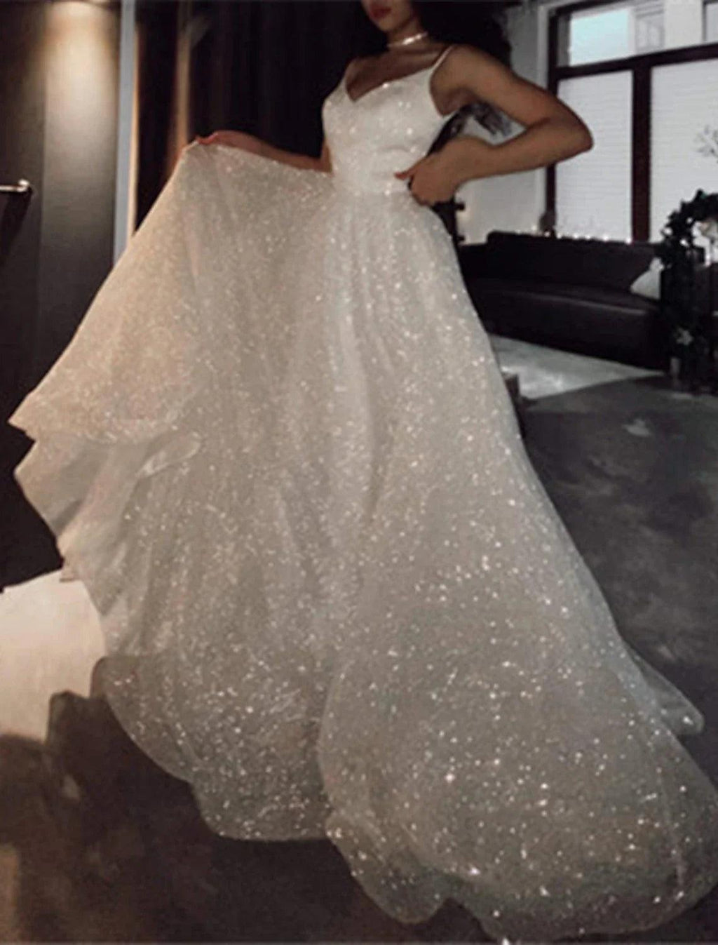Vestido brillante para boda, fiesta, cumpleaños, corte de cola, sin mangas, tirantes finos, tul con lentejuelas, vestidos de fiesta