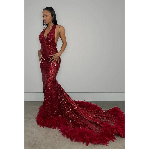 V-Neck Halter Backless Sequins Sheer Tulle Feather Mermaid Long Prom Dress