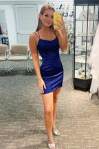 Königsblaues Satin Neckholder Homecoming Kleid Kurzes Kleid